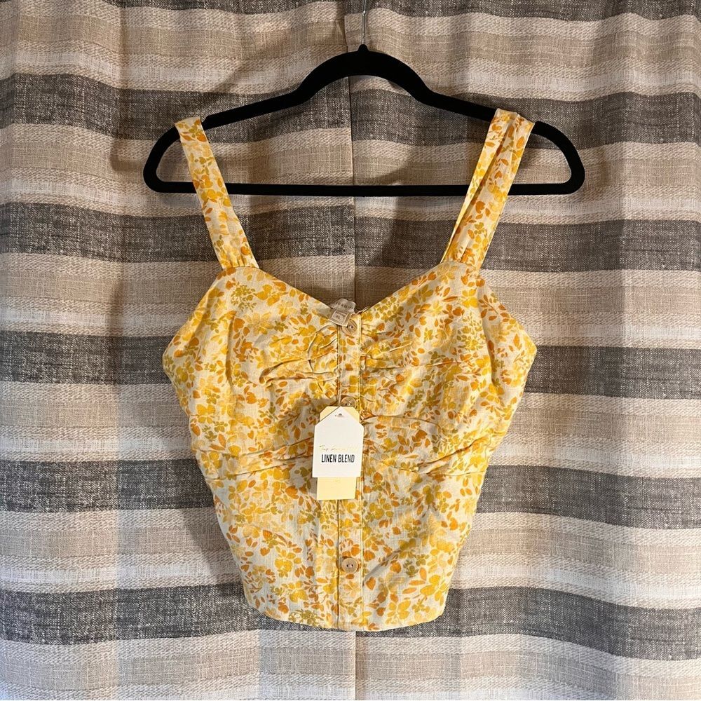 Monteau Yellow Floral Button‎ Front Linen Blend Tank Top Size XL